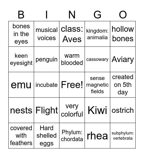 Bird Characteristics Bingo Card