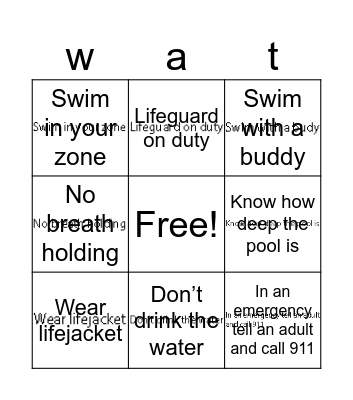 Water safety Healthy kids day Bingo Card