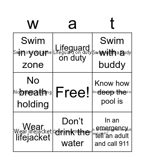 Water safety Healthy kids day Bingo Card