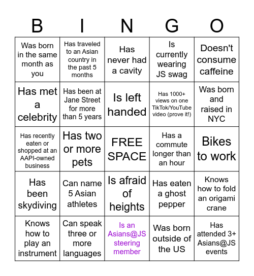 Asians@JS AAPI Month Kick-off Bingo! Bingo Card