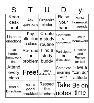 Study Skills Bingo Card