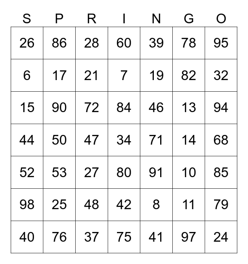 SPRINGO Bingo Card