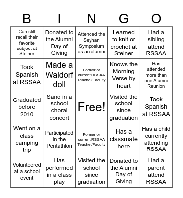 RSSAA Alumni Reunion BINGO Card