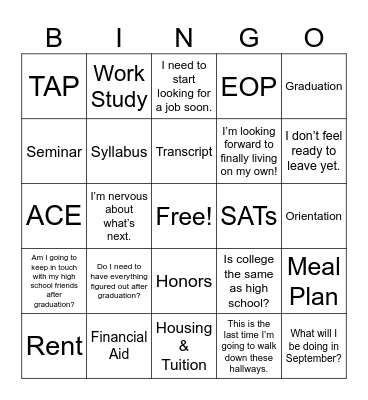 Post Secondary Bingo Card