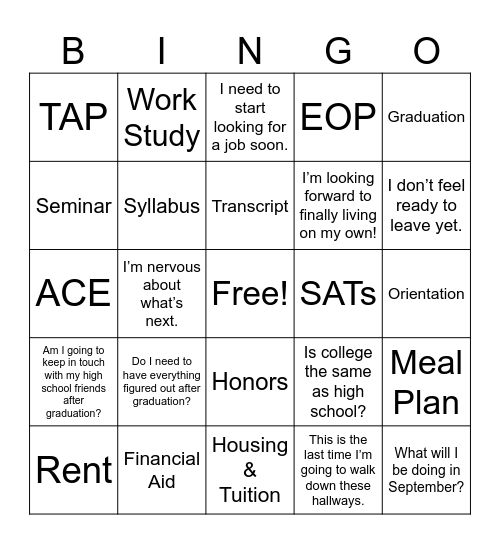 Post Secondary Bingo Card