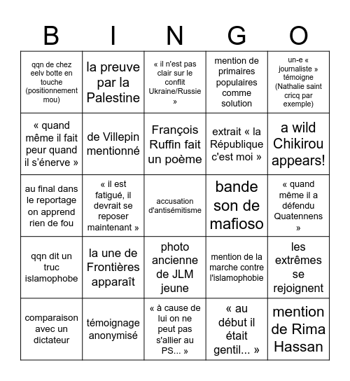 Complément d'enquête sur Jean-Luc Mélenchon Bingo Card