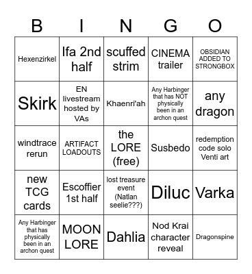 5.6 Genshin Livestream Bingo Card
