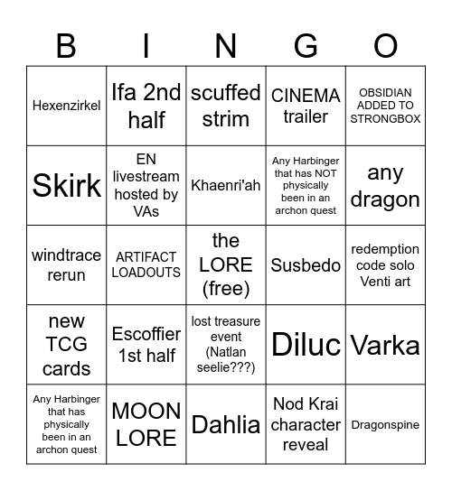5.6 Genshin Livestream Bingo Card