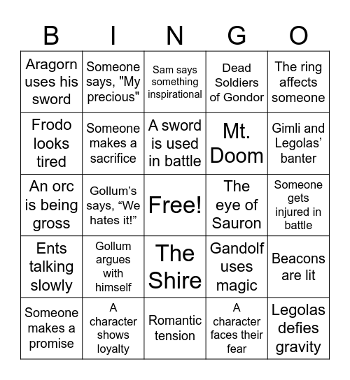 The Return of the King Bingo Card