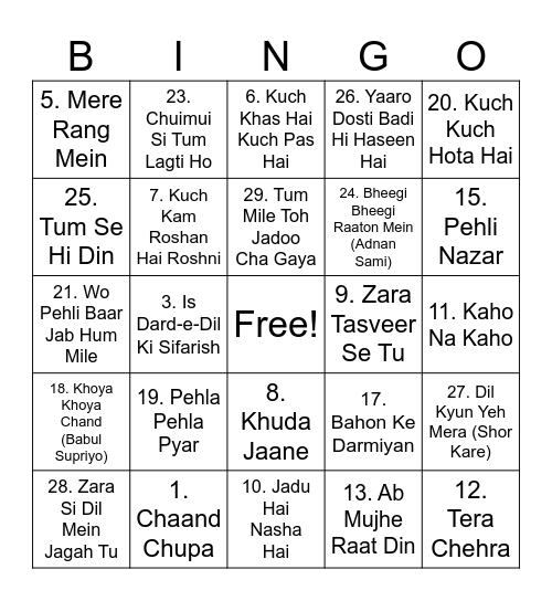 Musical tambola Bingo Card
