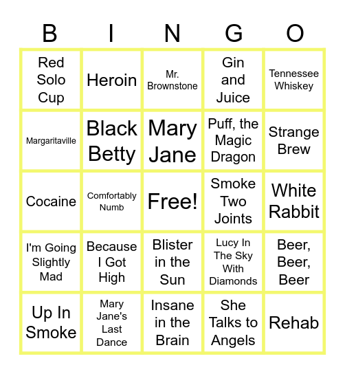 MUSIC BINGO at the Ann Arbor Eagles!  Altered States - Drinkin', Drugs, or just Crazy! Bingo Card