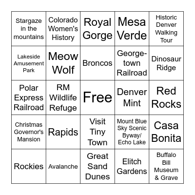 Colorado Tourist Bingo Card