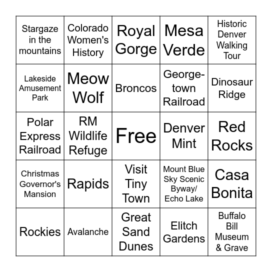 Colorado Tourist Bingo Card