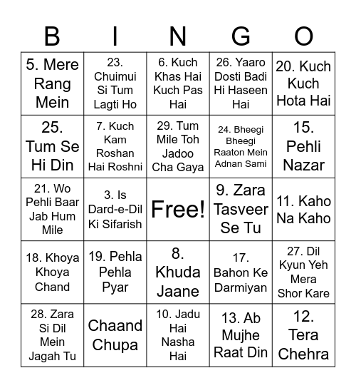 Musical tambola Bingo Card