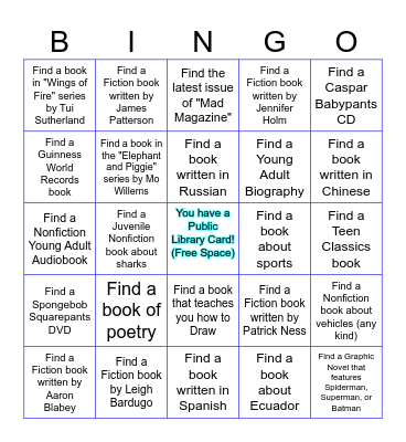 Bellevue Library Youth Bingo Card