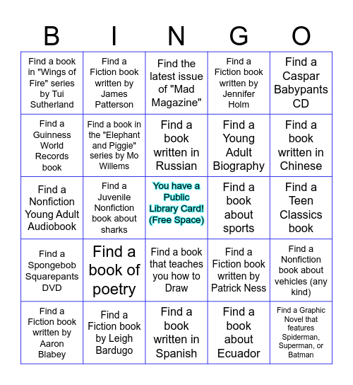 Bellevue Library Youth Bingo Card
