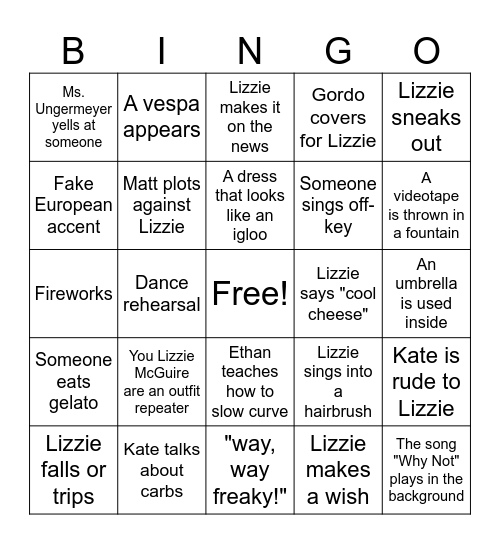 Lizzie McGuire Movie Bingo Card