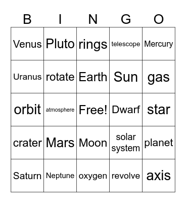 Planets Bingo Card