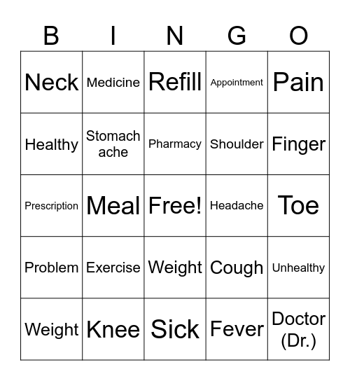 Health Vocabulary Bingo Card