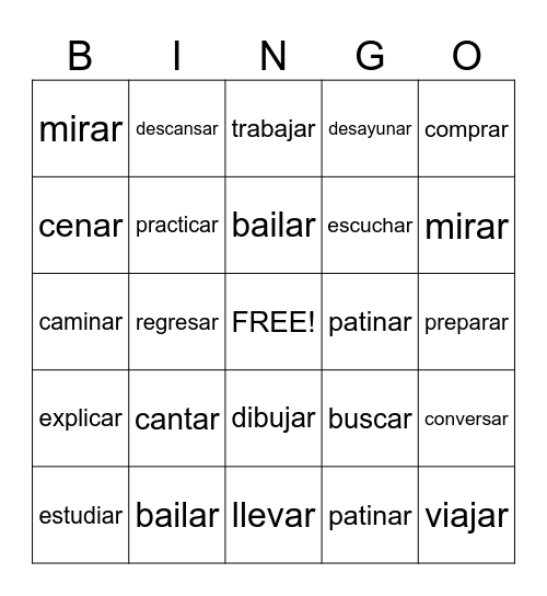 -AR Verbs Bingo Card