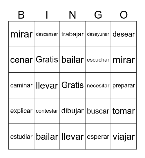 -AR Verbs Bingo Card