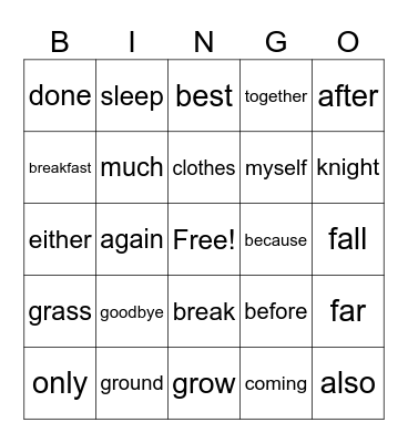 Vocabulary Bingo Card