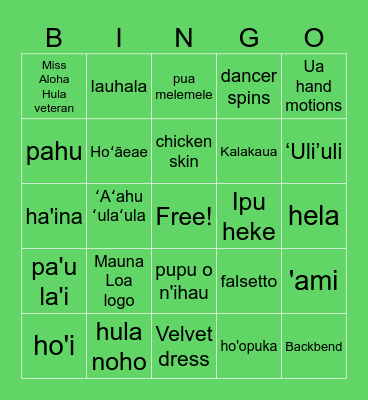 Merrie Monarch Bingo Card