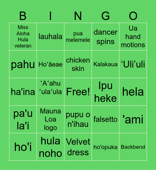 Merrie Monarch Bingo Card