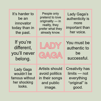 Lady Gaga Bingo Card
