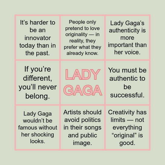 Lady Gaga Bingo Card