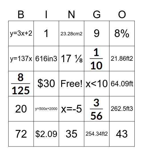 7th Math Bingo Card