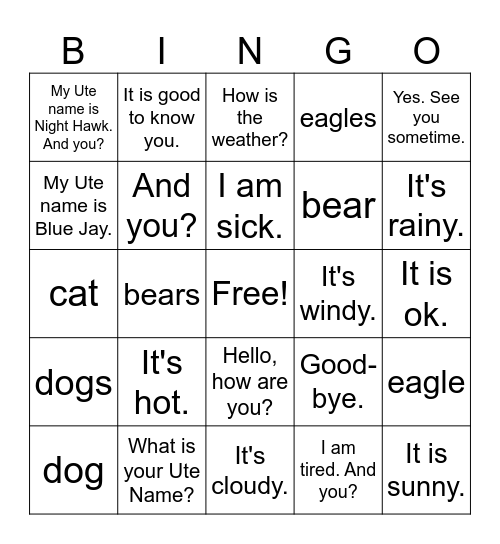 Ute Lesson Plan Two Bingo Card