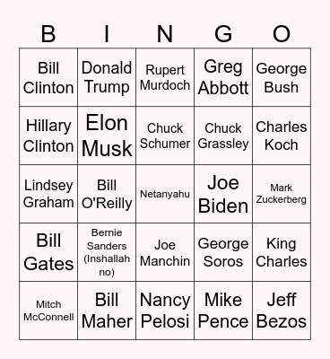 Dead Politician Bingo Card