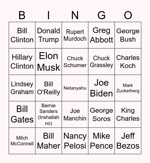 Dead Politician Bingo Card