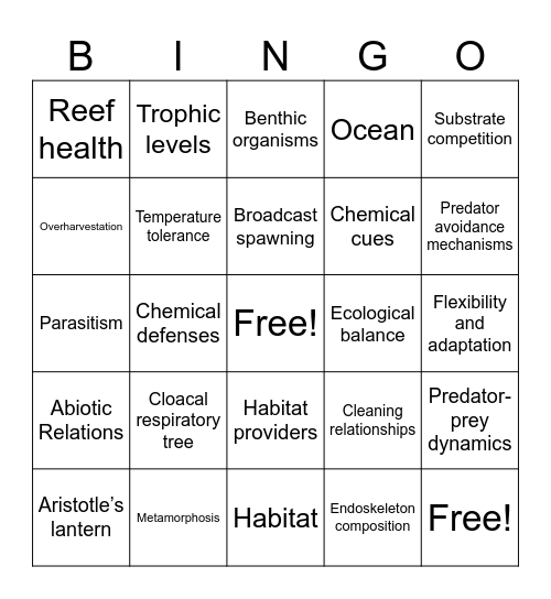 Echinoderm Bingo Card