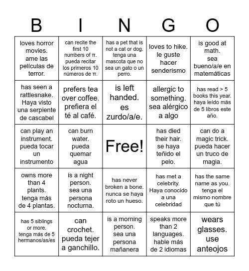 Find Someone Who/Encuentra a alguien que Bingo Card