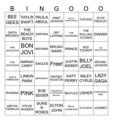 BILLBOARD'S GREATEST OF ALL TIME Bingo Card