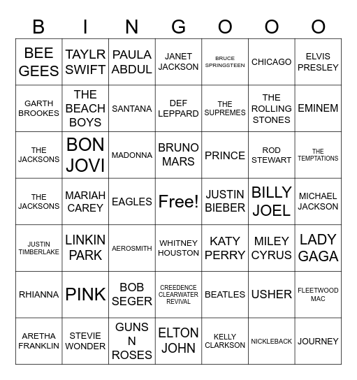 BILLBOARD'S GREATEST OF ALL TIME Bingo Card