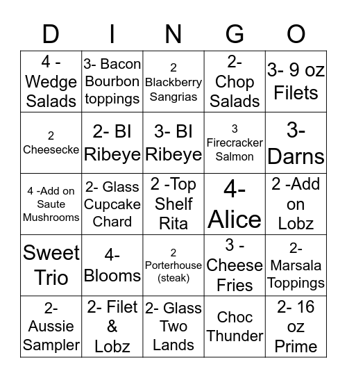 OUTBACK STEAKHOUSE Bingo Card