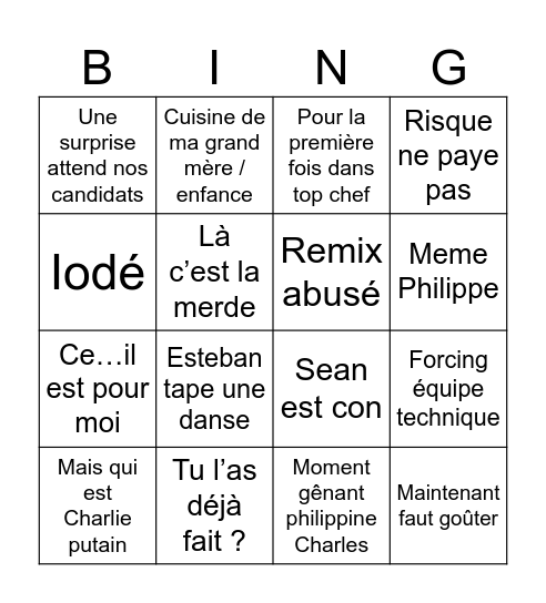 Top chef Bingo Card