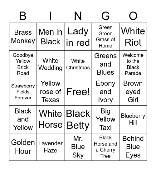 Colorful Songs Bingo Card