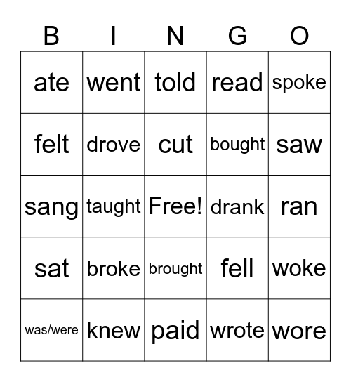 Irregular verbs Bingo Card