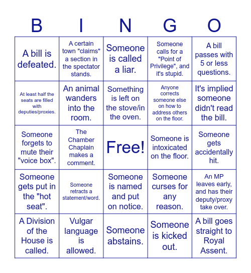 Parliament Bingo Card