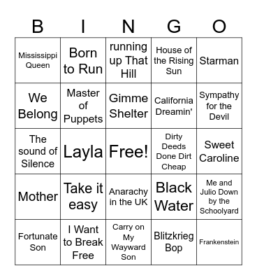 Colorful Songs Bingo Card