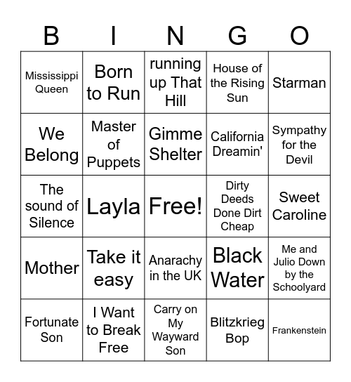 Colorful Songs Bingo Card