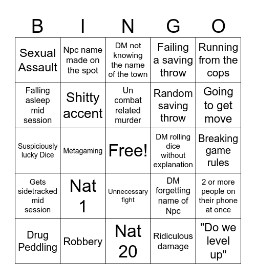 Dnd Bingo Card