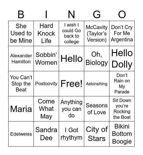 Showtunes Bingo Card