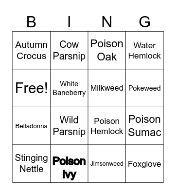 Poisonous Plant Bingo Card