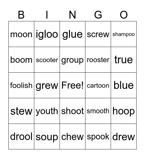 oo, ou, ue, ew Bingo Card