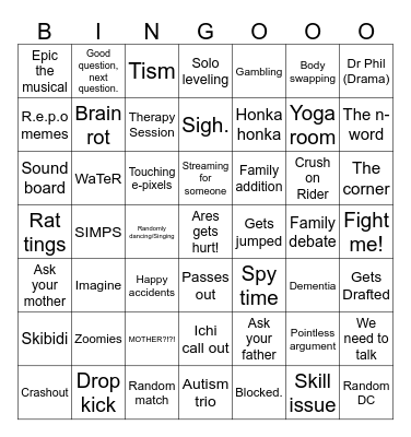 Family Nizumu Bingo Card Bingo Card